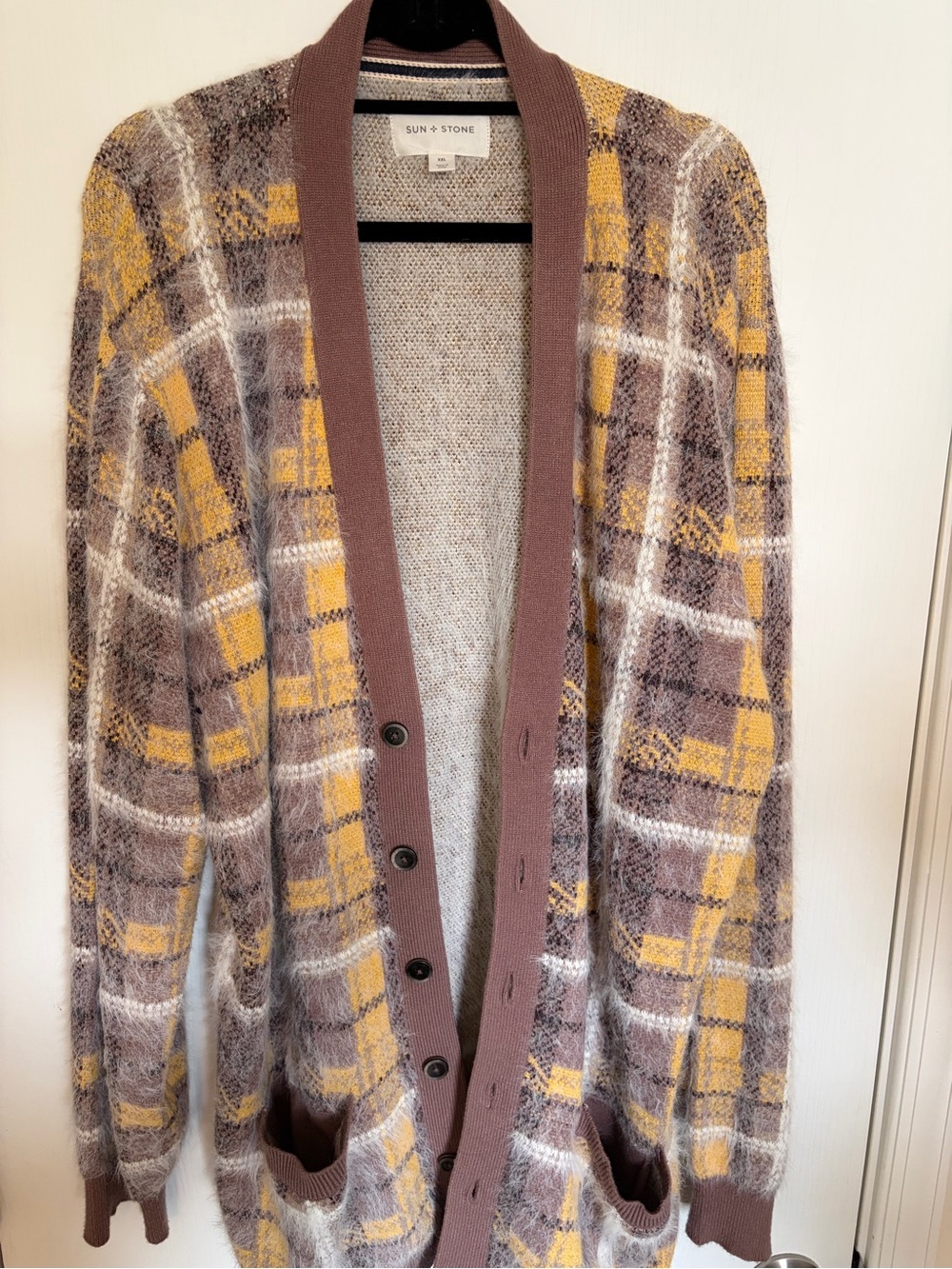 Sun + Stone Men's Plaid Mohair Cardigan in Brown, Yellow & Cream